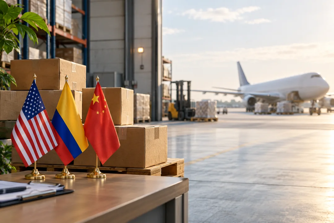 United States, Colombia and China flags beside shipping boxes